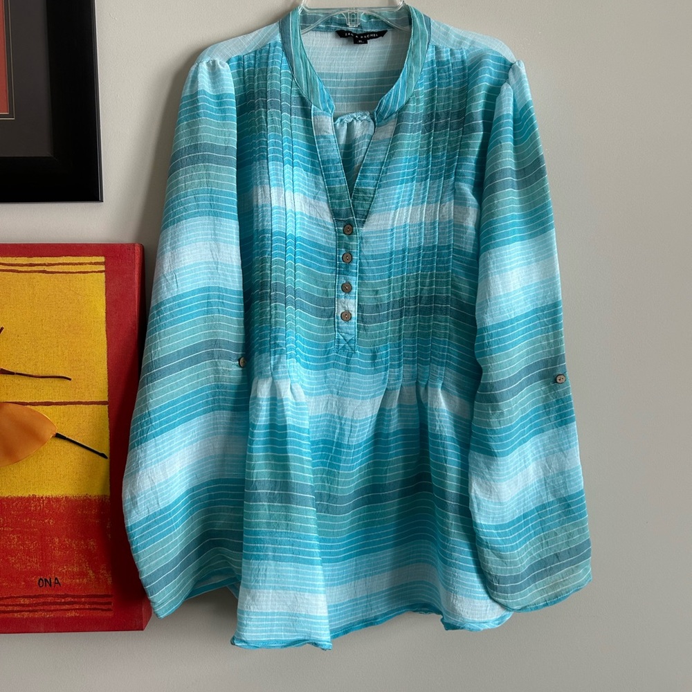Zac & Rachel Teal & White Striped Button-Front Blouse